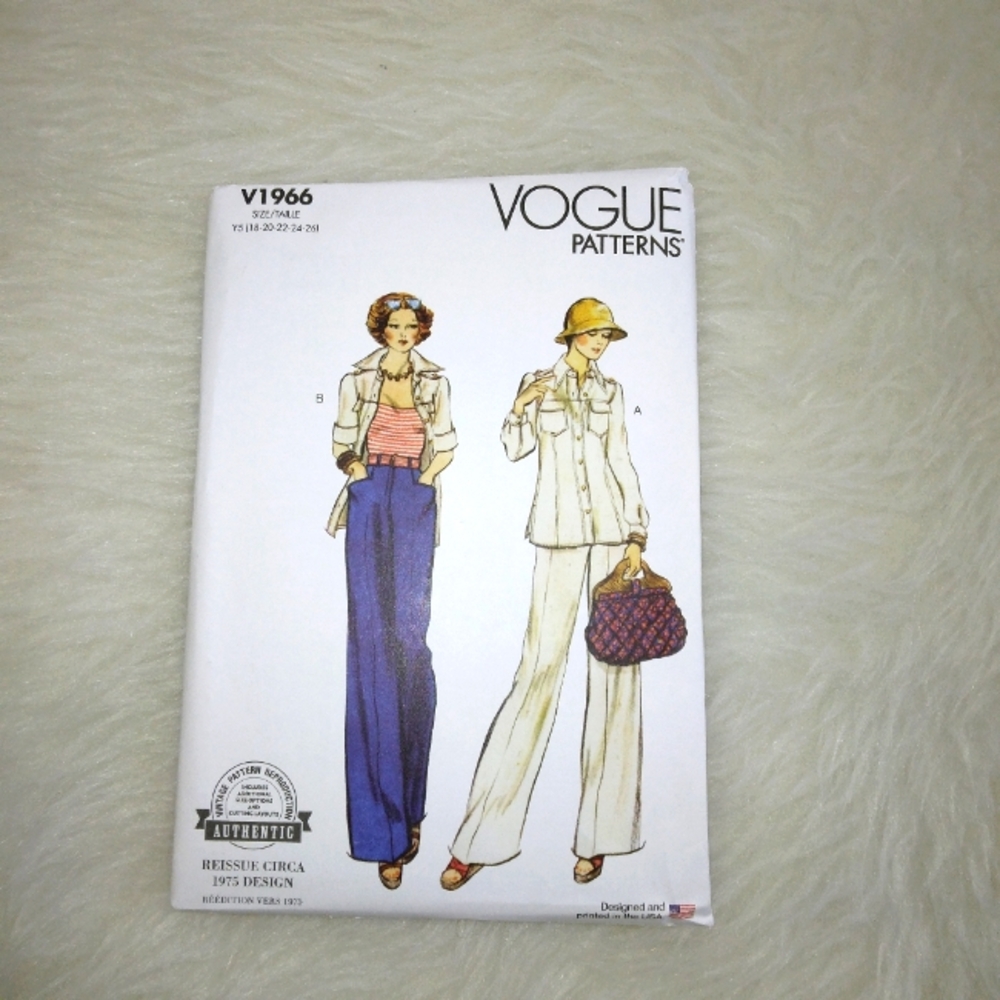 VOGUE V1966 Sz 18-26 Vintage Reissue 1975 Misses Shirt/Jacket, Wide Straight Leg